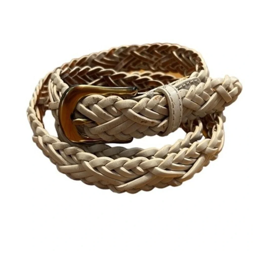 Vintage Liz Claiborne white leather braided belt, extra‎ long large 47 inches.